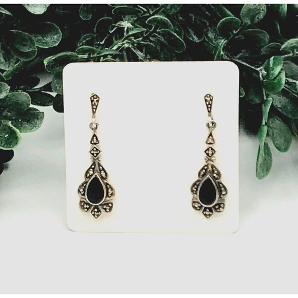 Vintage Sterling Silver & Onyx Teardrop Dangle Earrings - Picture 1 of 7